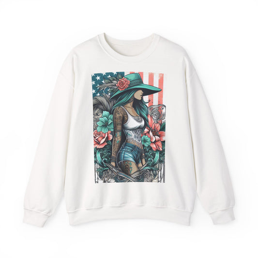 Bohemian Floral Sweatshirt with American Flag, Vintage Graphic Crewneck, Casual Unisex Sweater, Perfect for Festivals, Gift for Her