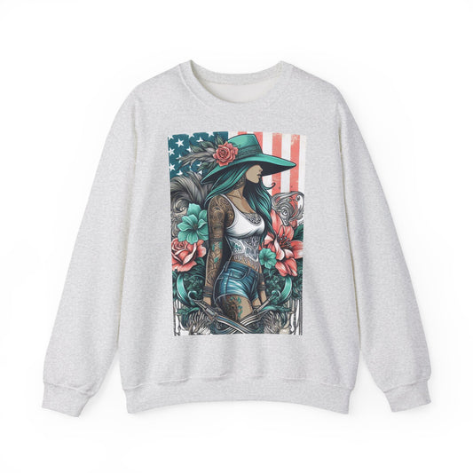 Bohemian Floral Sweatshirt with American Flag, Vintage Graphic Crewneck, Casual Unisex Sweater, Perfect for Festivals, Gift for Her
